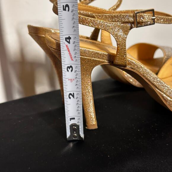 American Glamour Badgley Mischka Gold Glitter Strappy Heels Sz 6 - Picture 8 of 11